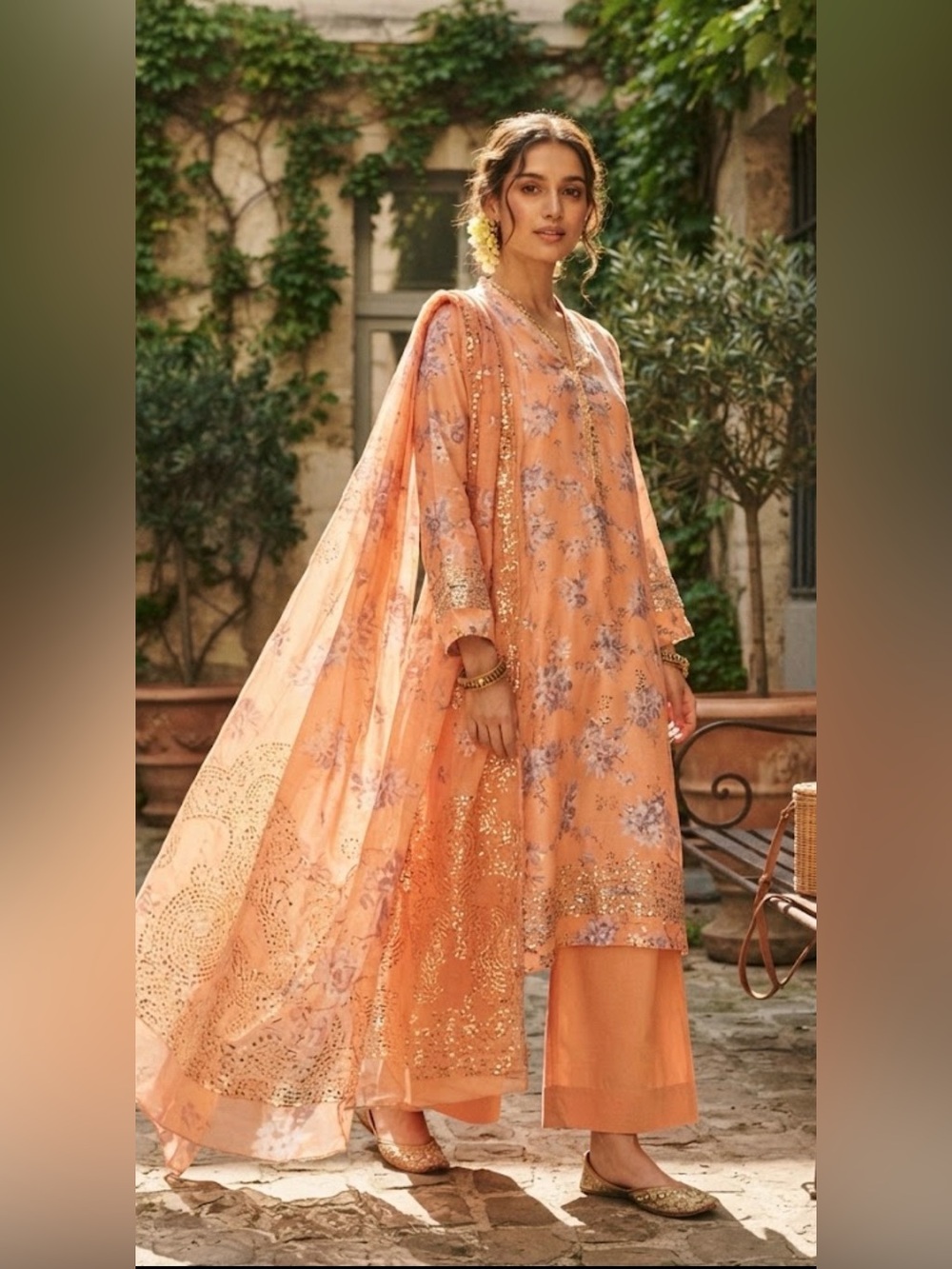 New With Tags J. Junaid Jamshed Peach Floral Kurta/ duppata| Size S| Embroidered